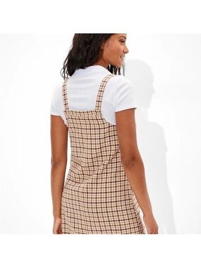 American Eagle Outfitters Beige Plaid Mini Pinafore Dress